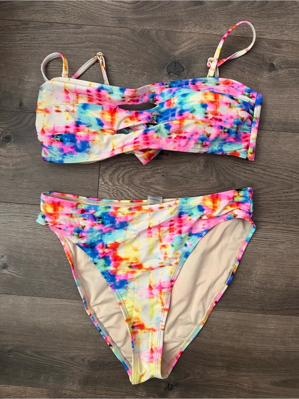 Blushing Brunette Tie-Dye Bikini set with Pink, Blue & Green Splashes.